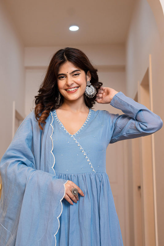 Sky Blue Mul Chanderi Anarkali Festive Suit