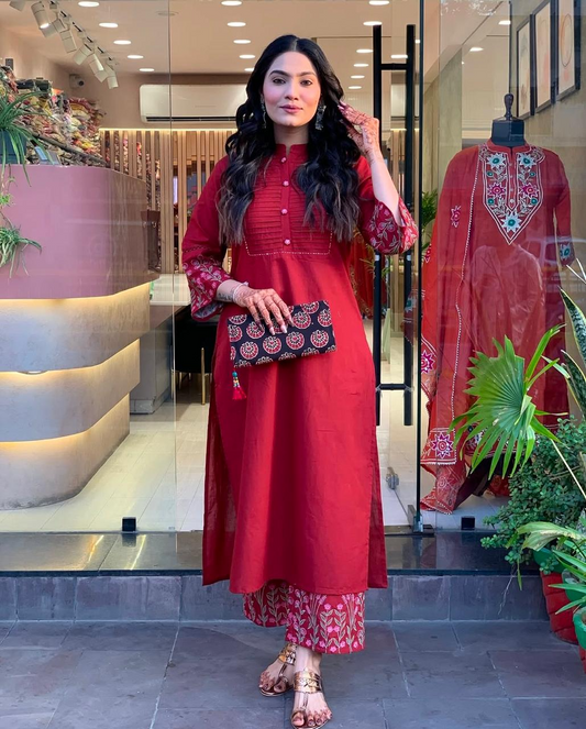 Red Cotton Embroiderd Pintex Kurta Pant Set