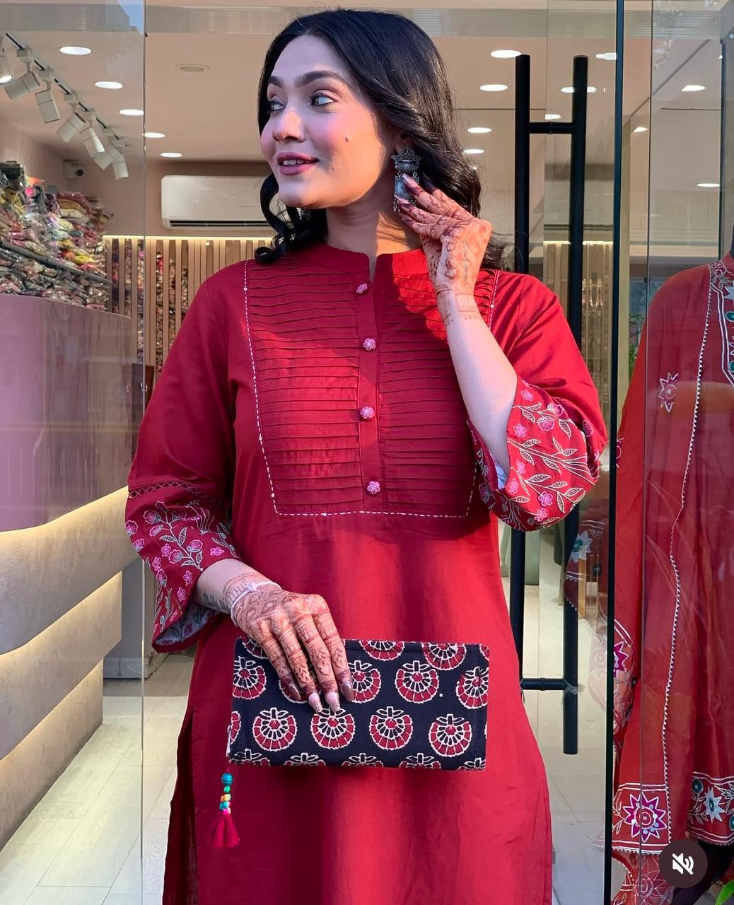Red Cotton Embroiderd Pintex Kurta Pant Set