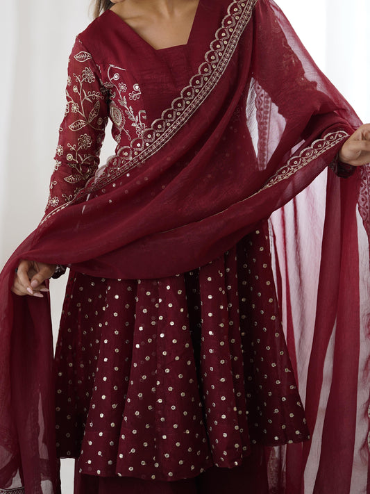 Red Crunchy Silk Sequence Embroiderd Sharara Suit