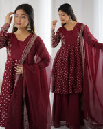 Red Crunchy Silk Sequence Embroiderd Sharara Suit