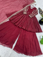 Red Crunchy Silk Sequence Embroiderd Sharara Suit