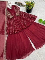 Red Crunchy Silk Sequence Embroiderd Sharara Suit