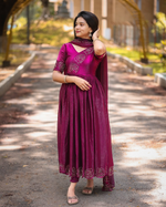 Glassy Silk Anarkali Suit With Floral Khatli Work