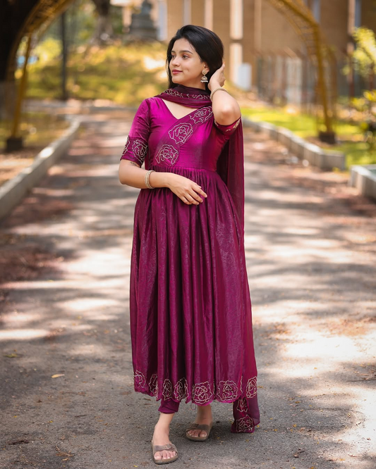 Glassy Silk Anarkali Suit With Floral Khatli Work