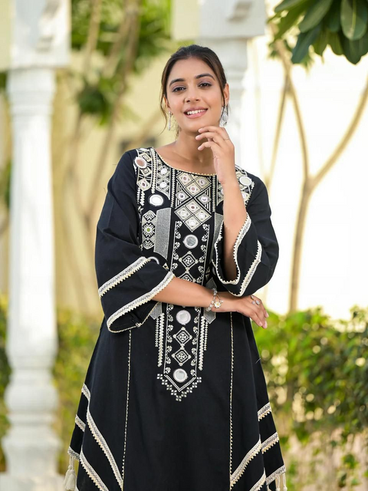 Black Rayon Cotton Thread Mirror Work Kurta & Plazzo Set