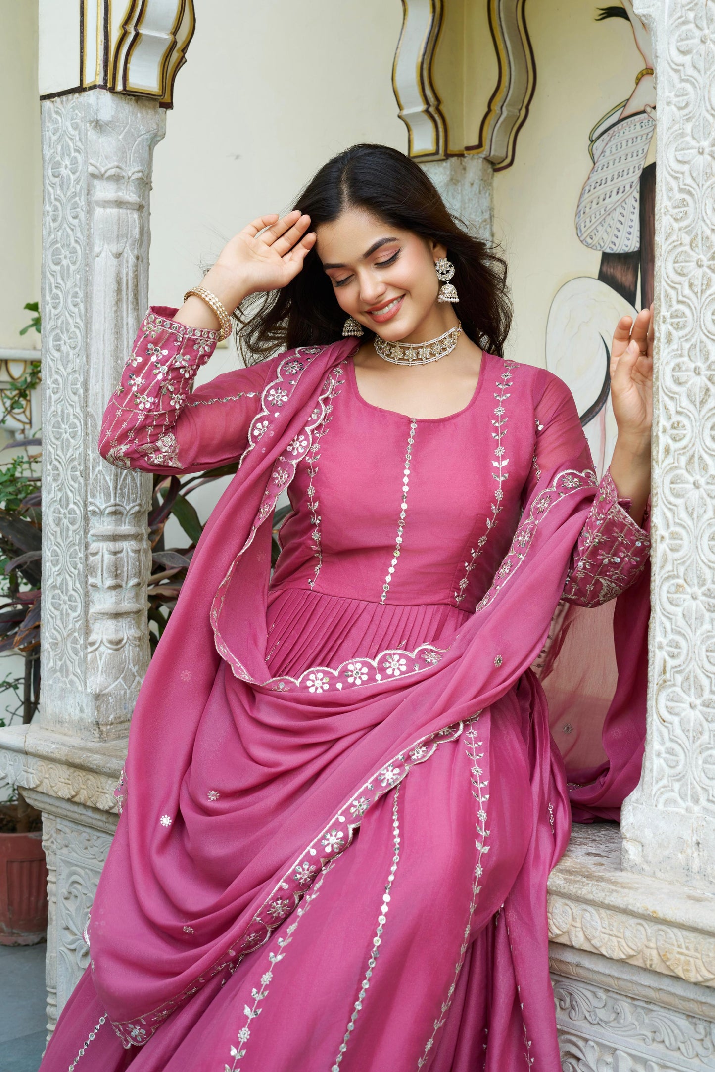 Pink Georgette 7 MM Sequence Embroidered Festive Gown