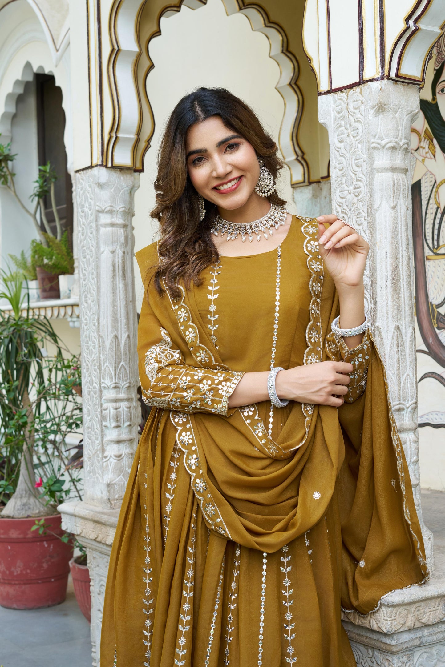 Mustard Georgette 7 MM Sequence Embroidered Festive Gown
