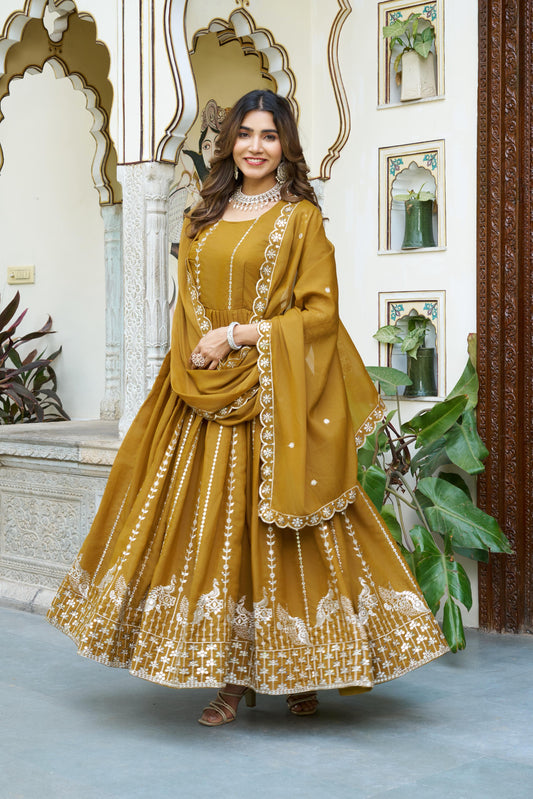 Mustard Georgette 7 MM Sequence Embroidered Festive Gown