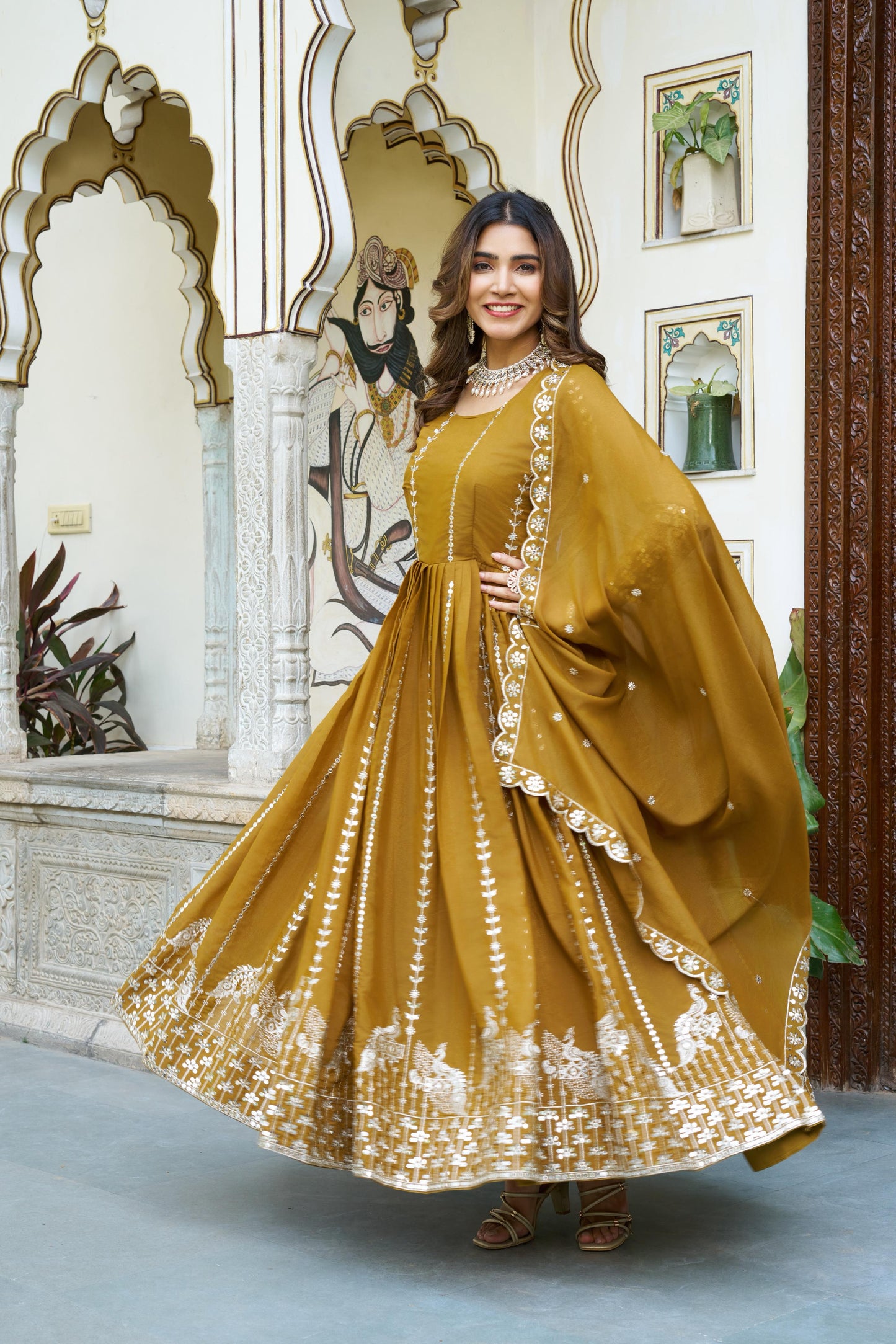 Mustard Georgette 7 MM Sequence Embroidered Festive Gown