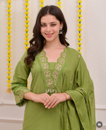 Canary Green Embroidered Cotton Kurta Suit Set