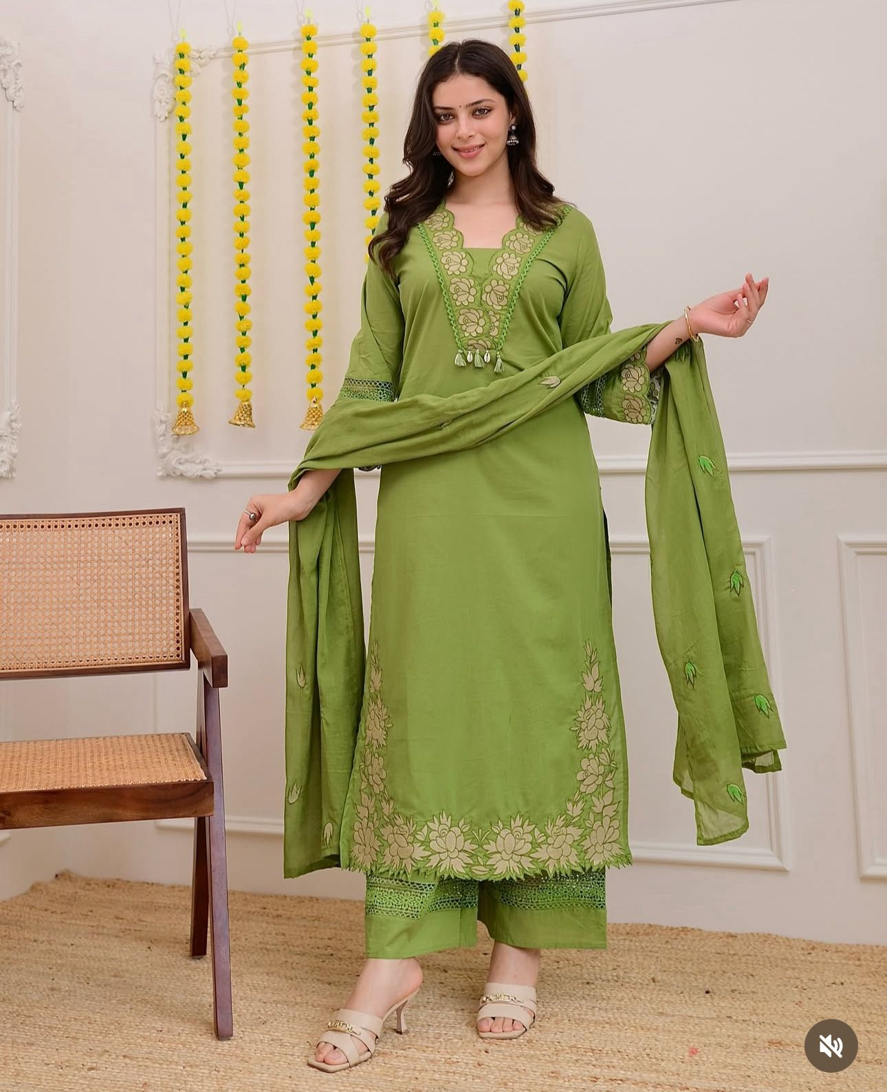 Canary Green Embroidered Cotton Kurta Suit Set