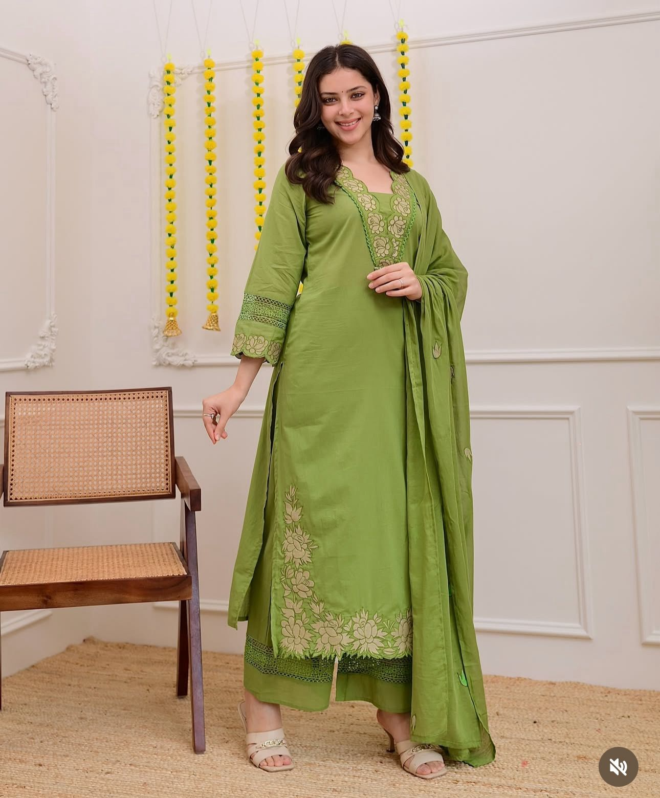 Canary Green Embroidered Cotton Kurta Suit Set