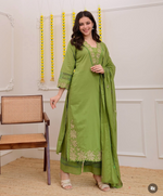 Canary Green Embroidered Cotton Kurta Suit Set