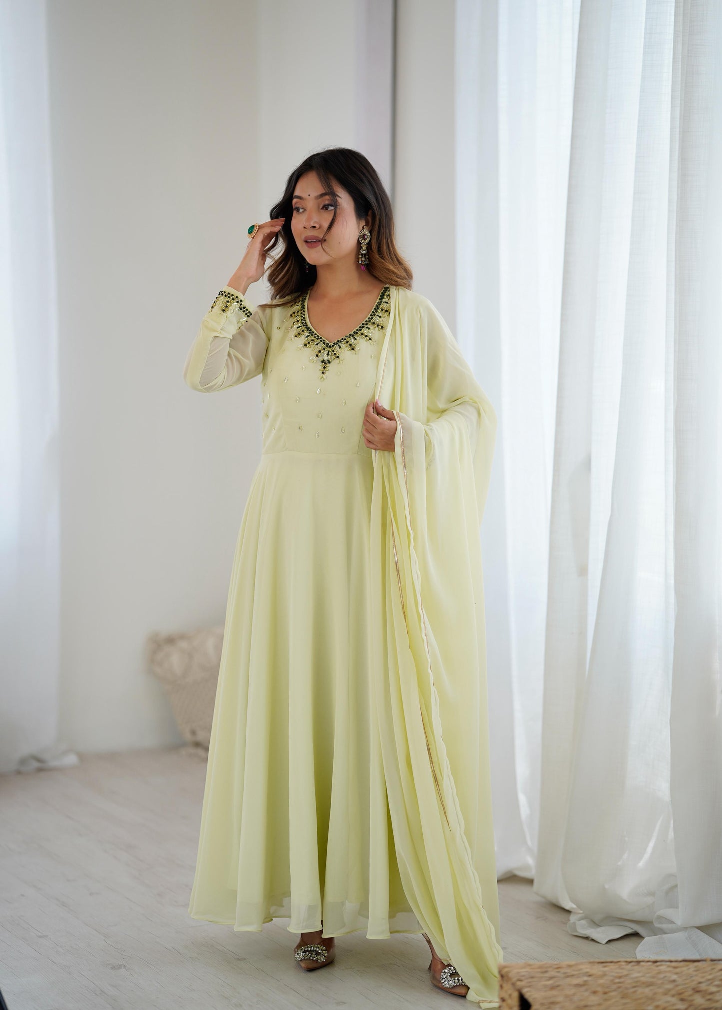 Lime Yellow  Georgette Festive Gown