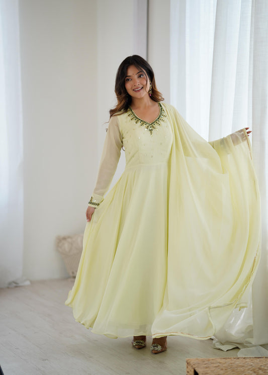 Lime Yellow  Georgette Festive Gown