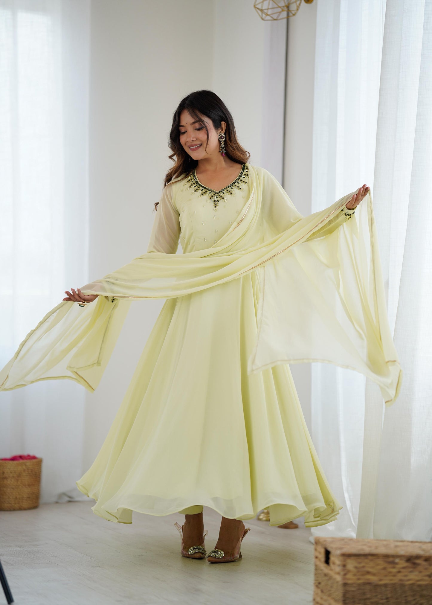 Lime Yellow  Georgette Festive Gown