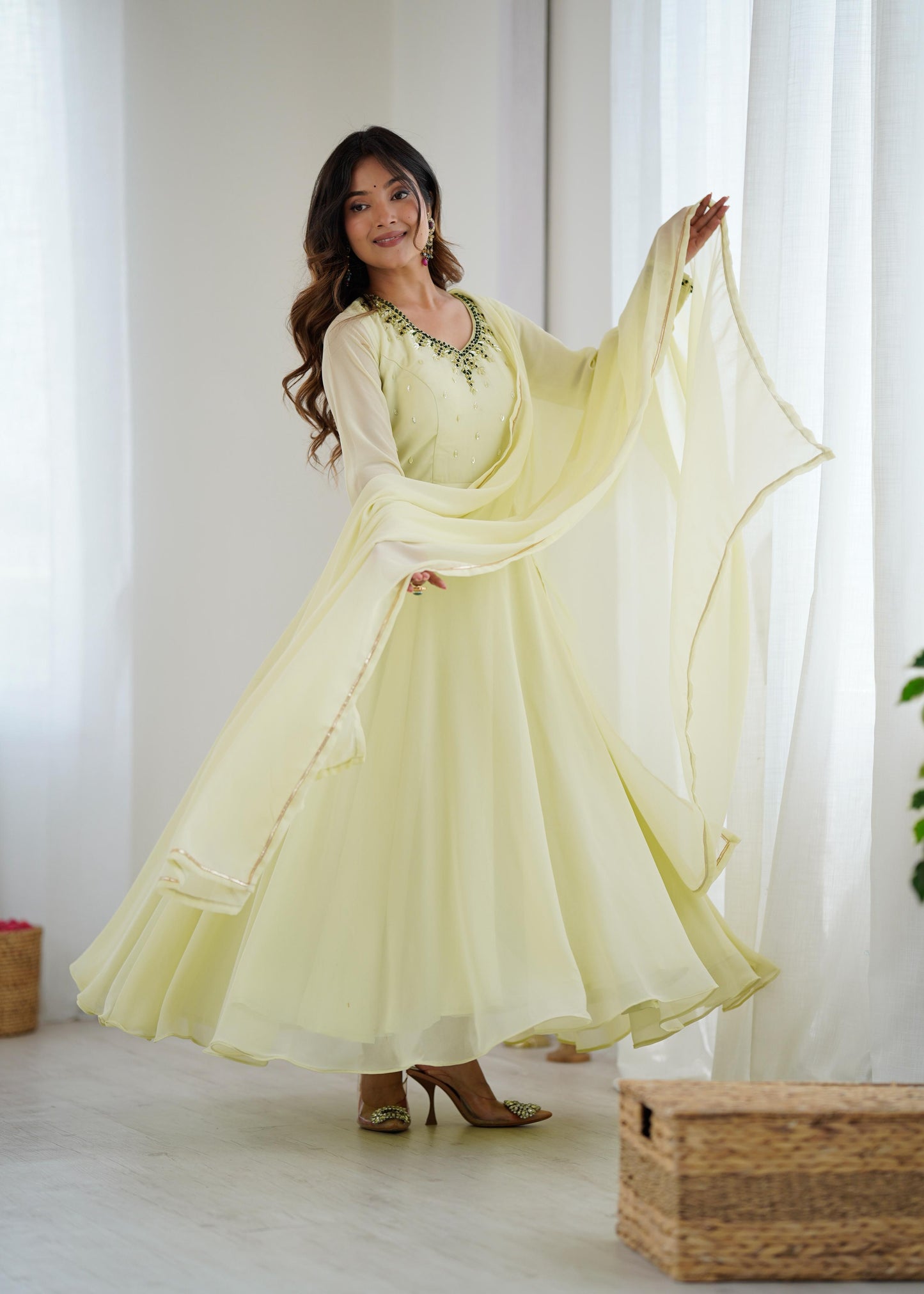 Lime Yellow  Georgette Festive Gown