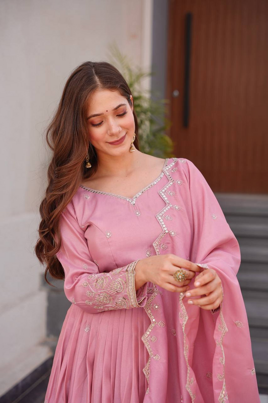 Pink Shimmer silk Embroidered Gown