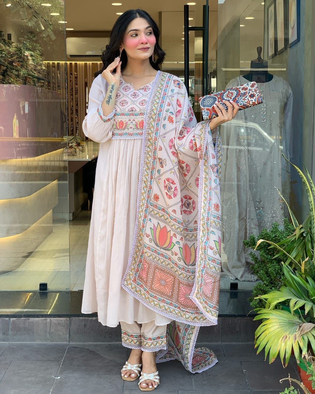 Pastel Floral Mul Chanderi A-line Kurta Suit Set