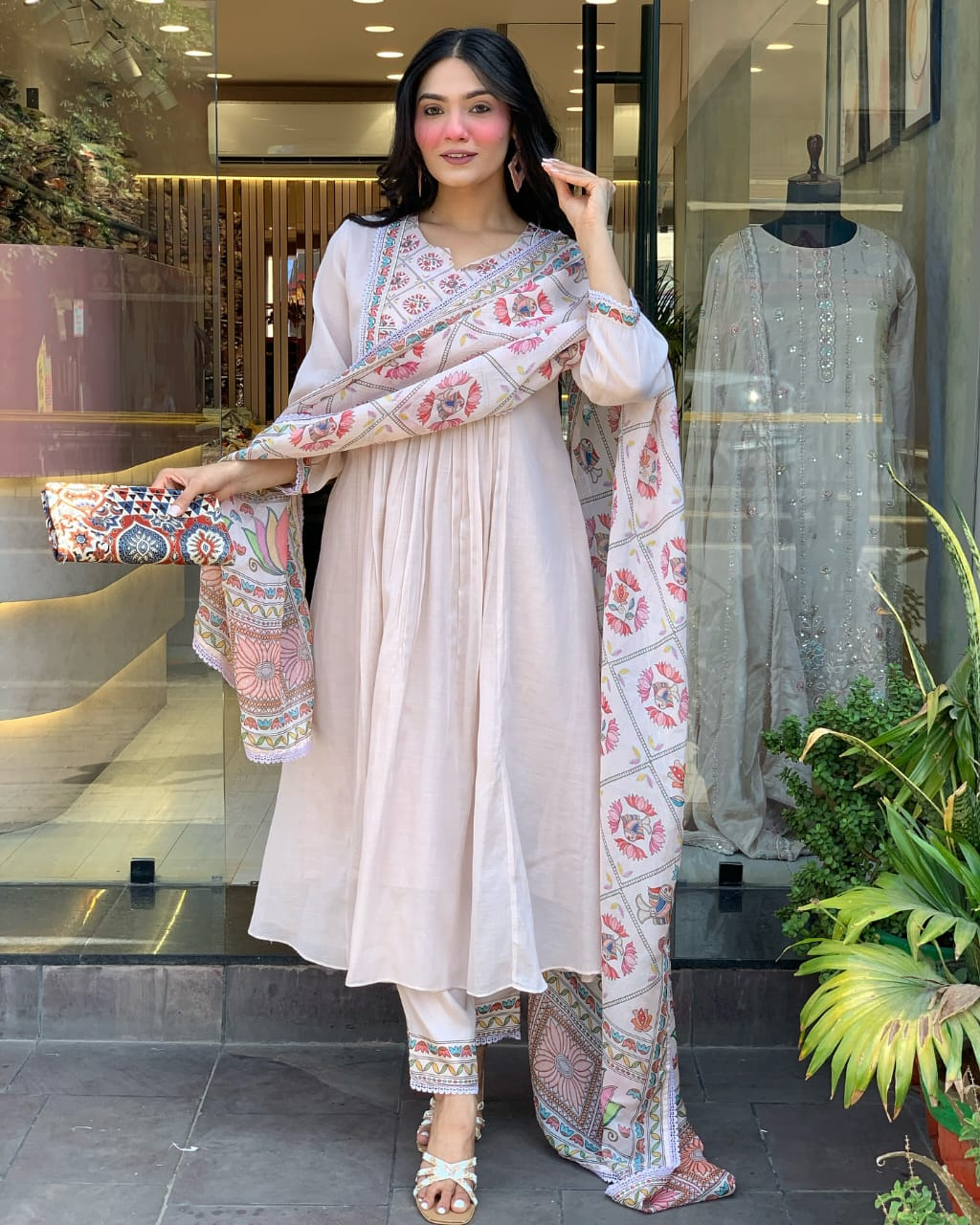 Pastel Floral Mul Chanderi A-line Kurta Suit Set