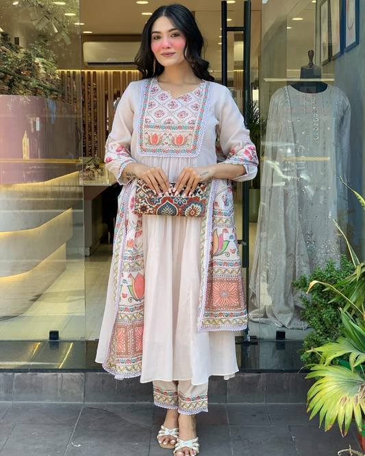 Pastel Floral Mul Chanderi A-line Kurta Suit Set
