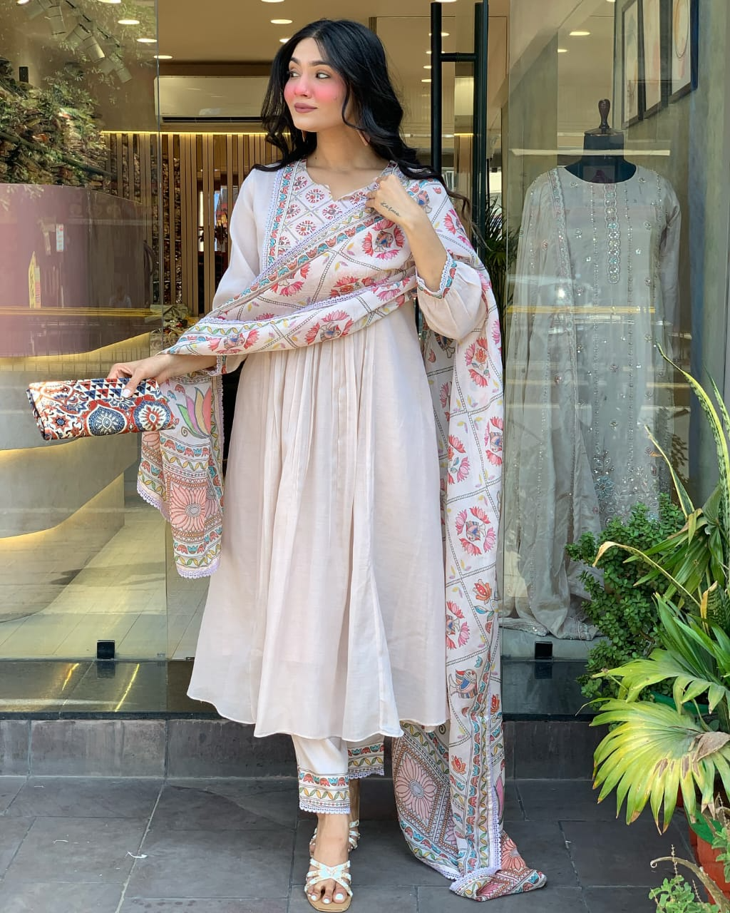 Pastel Floral Mul Chanderi A-line Kurta Suit Set