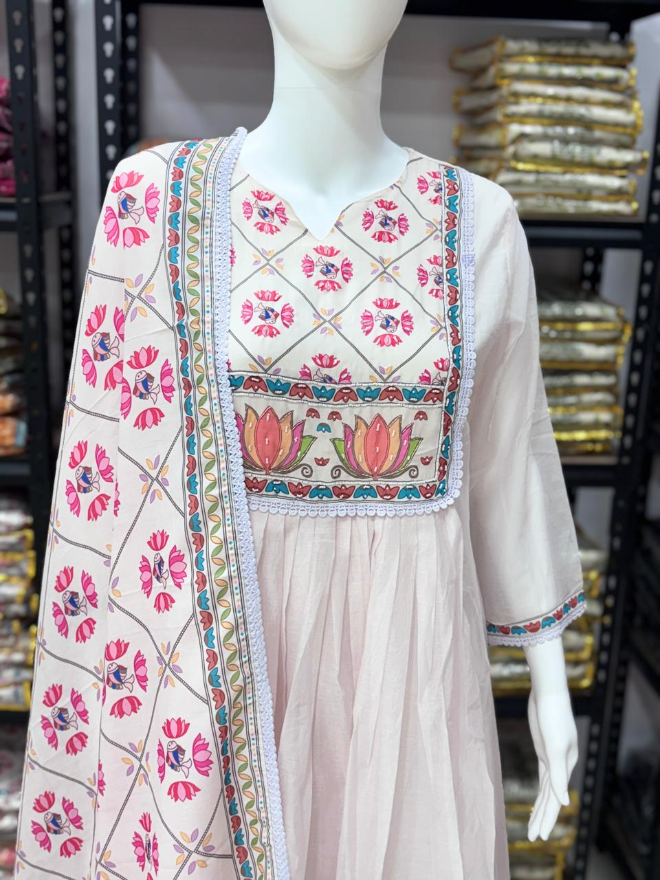 Pastel Floral Mul Chanderi A-line Kurta Suit Set