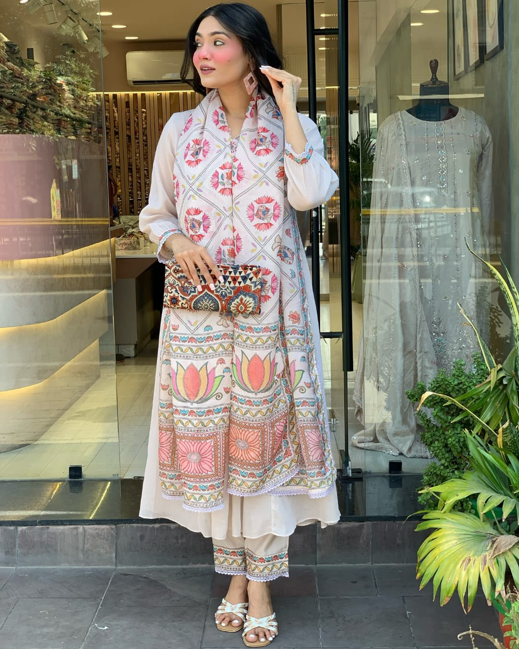 Pastel Floral Mul Chanderi A-line Kurta Suit Set