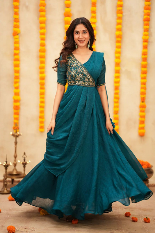 Pre-Draped Embroidered Saree Anarkali Suit