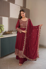 Red Georgette Embroidered Gown With Sharara & Dupatta