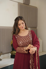 Red Georgette Embroidered Gown With Sharara & Dupatta