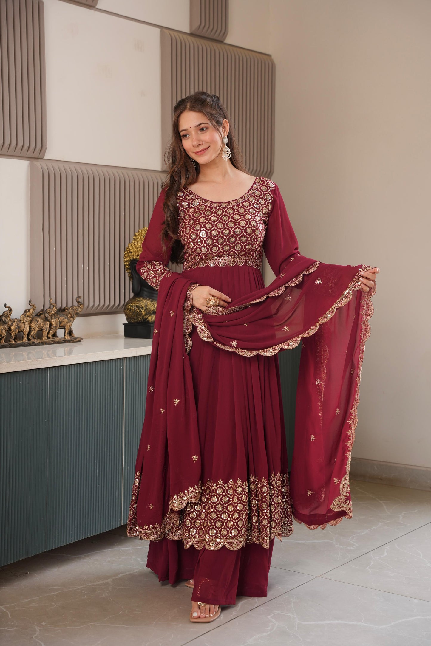 Red Georgette Embroidered Gown With Sharara & Dupatta
