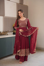 Red Georgette Embroidered Gown With Sharara & Dupatta