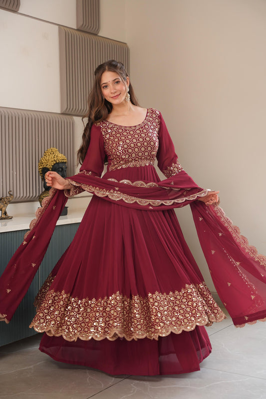 Red Georgette Embroidered Gown With Sharara & Dupatta