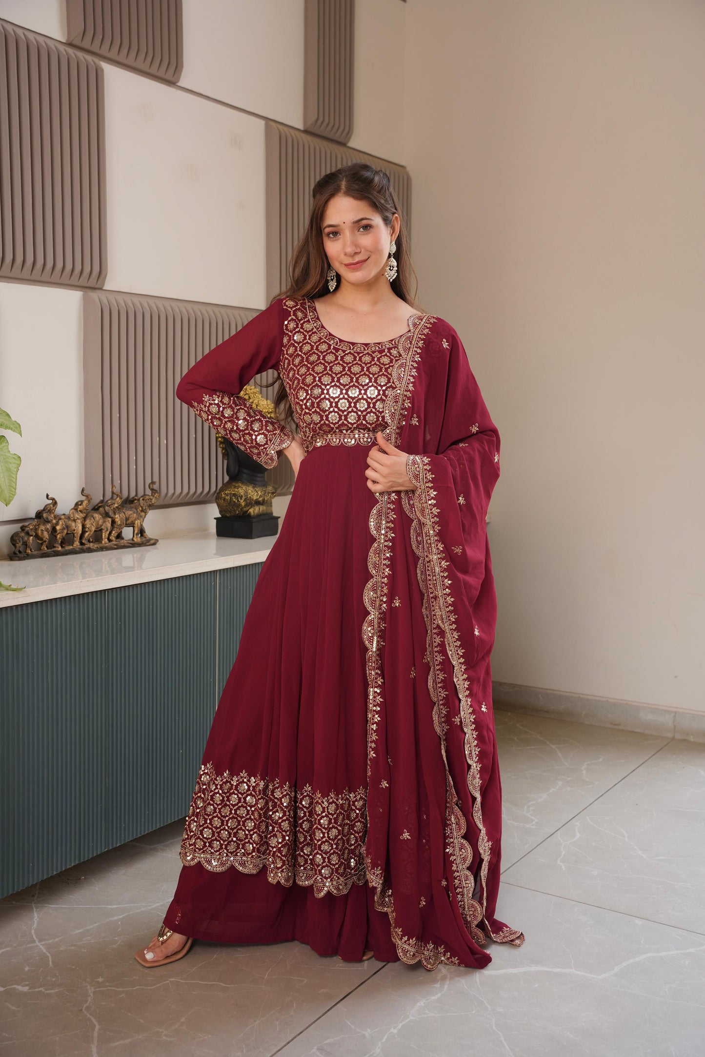 Red Georgette Embroidered Gown With Sharara & Dupatta