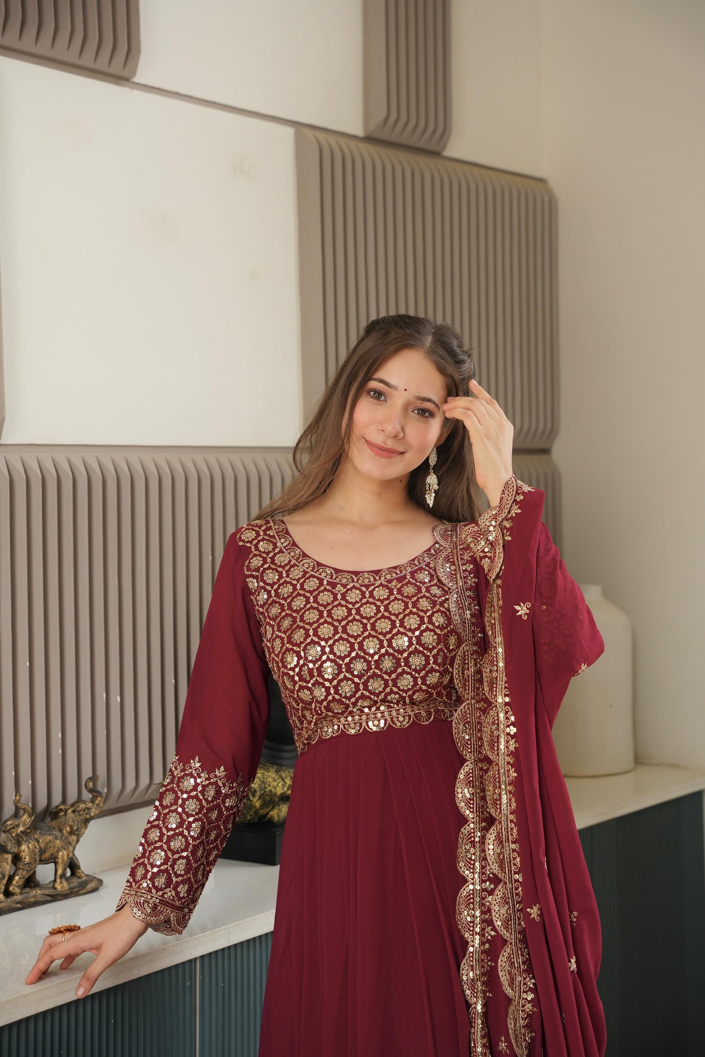 Red Georgette Embroidered Gown With Sharara & Dupatta