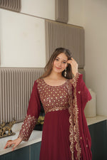 Red Georgette Embroidered Gown With Sharara & Dupatta
