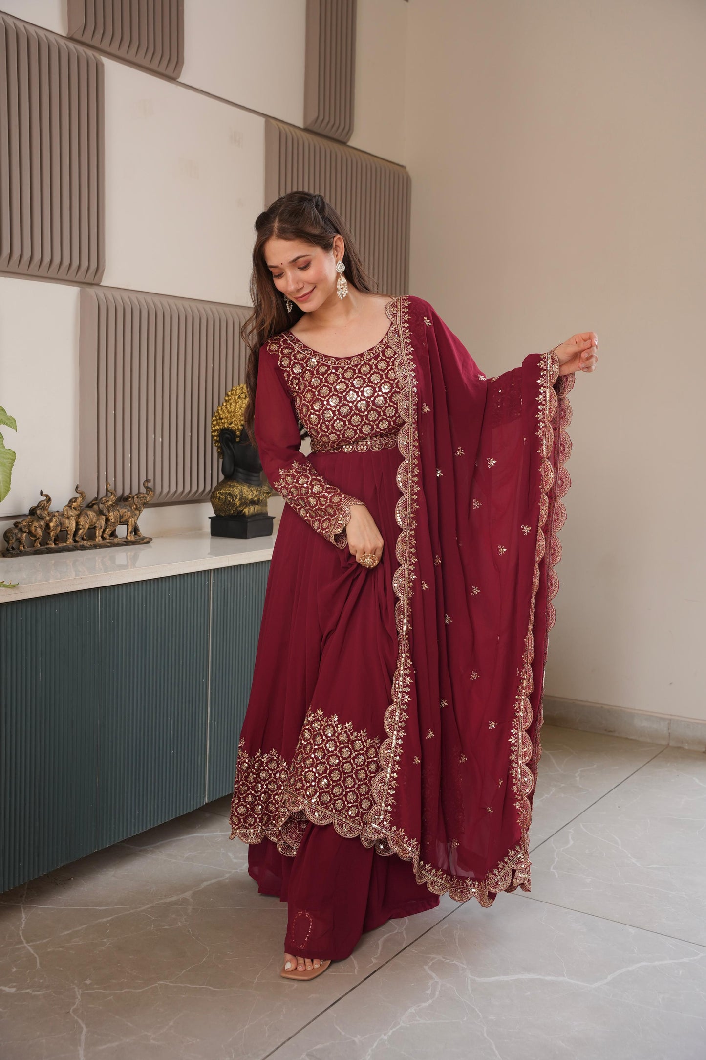 Red Georgette Embroidered Gown With Sharara & Dupatta