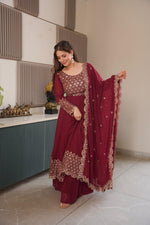 Red Georgette Embroidered Gown With Sharara & Dupatta