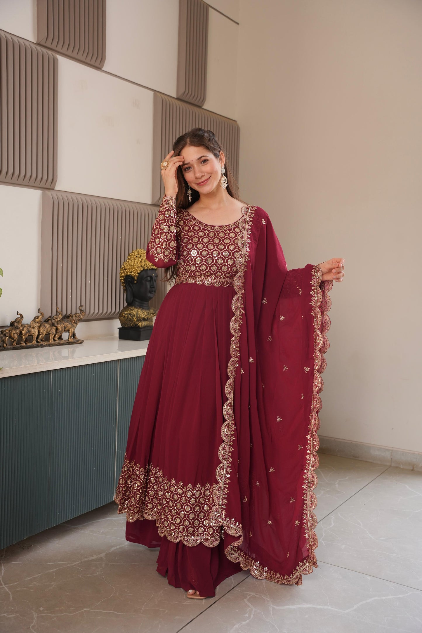 Red Georgette Embroidered Gown With Sharara & Dupatta