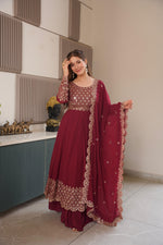 Red Georgette Embroidered Gown With Sharara & Dupatta