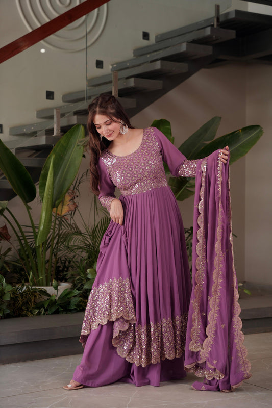 Lilac Georgette Embroidered Gown With Sharara & Dupatta