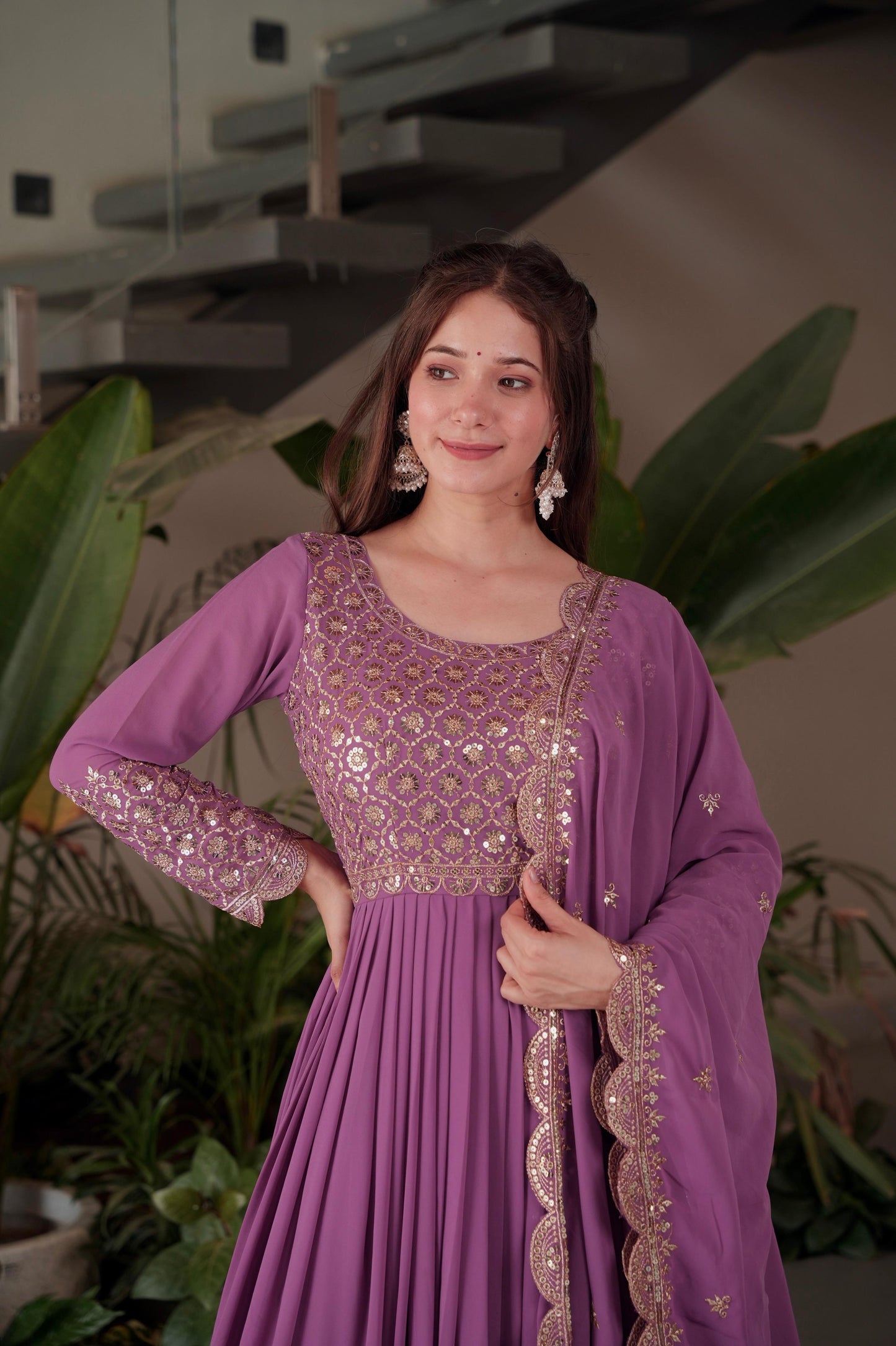 Lilac Georgette Embroidered Gown With Sharara & Dupatta