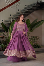 Lilac Georgette Embroidered Gown With Sharara & Dupatta
