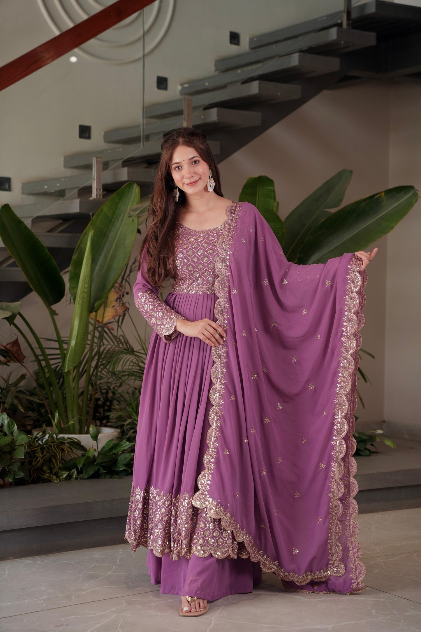 Lilac Georgette Embroidered Gown With Sharara & Dupatta