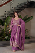 Lilac Georgette Embroidered Gown With Sharara & Dupatta