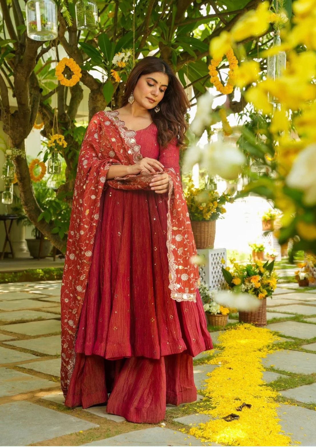 Double shades shimmer Silk Gown With Palazzo & Dupatta