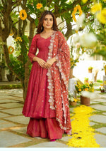 Double shades shimmer Silk Gown With Palazzo & Dupatta