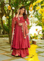 Double shades shimmer Silk Gown With Palazzo & Dupatta